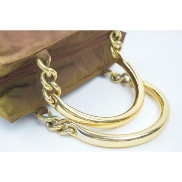 Prada Brown Iridescent Nylon And Brown Leather With Heavy Gold Handles Satchel - Picture 2 of 9